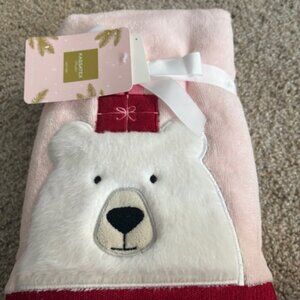 NWT Set of 2 Kassatex Pink Polar Bear Christmas Plush Hand Towels